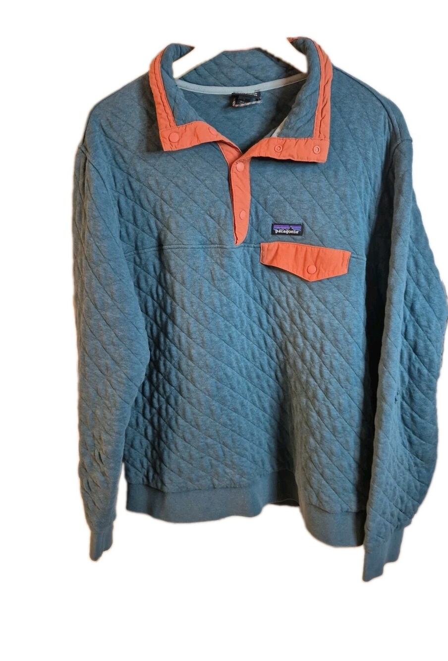 Patagonia Jacket Men Large Blue Diamond Quilt Snap T Pullover Hiking Hiker *Hole